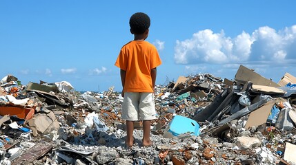 Child Stands Alone Amidst Debris Pile.