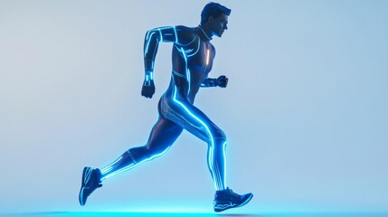 A superhuman figure in motion is depicted in a futuristic 3D rendering, highlighting an advanced technology suit and a dynamic jetpack power system