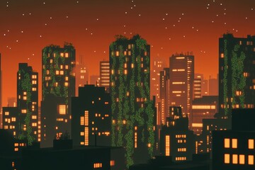 Tall buildings covered in greenery at night with lights