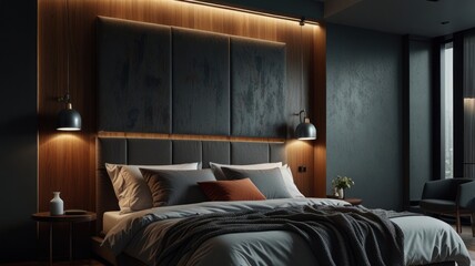 Modern bedroom interior, warm lighting, dark color scheme