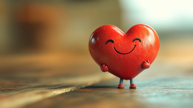 The character of a lovable red heart with a smiling face symbolizes love and joy