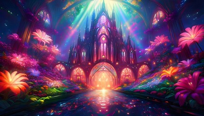 Floating cathedral emerging from a magical garden with colorful flowers and water reflections