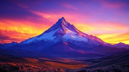 Majestic mountain peak at vibrant sunset, colorful sky over valley