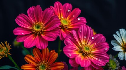 Fototapeta premium Colorful flower on black isolated background, purple and yellow flowers
