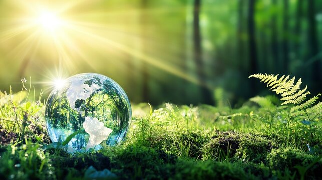 A glass globe sitting on the ground in a lush green forest, surrounded by grass and ferns, with sunlight filtering through the trees, symbolizing environmental care and sustainability. This thought-pr