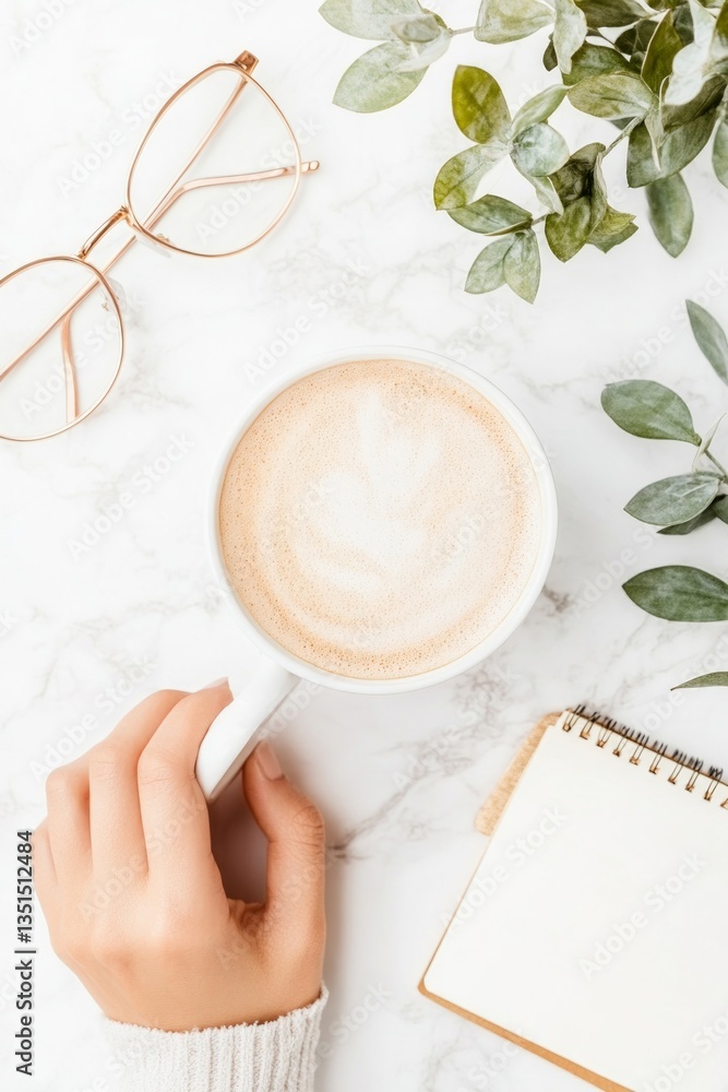 Poster enjoying a warm cup of coffee while surrounded by fresh greenery and a notebook on a marble table cr
