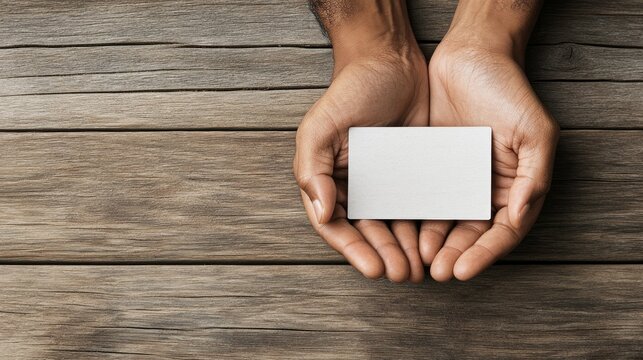 Two hands present a blank business card over a weathered wooden surface, symbolizing potential connections and professional networking opportunities