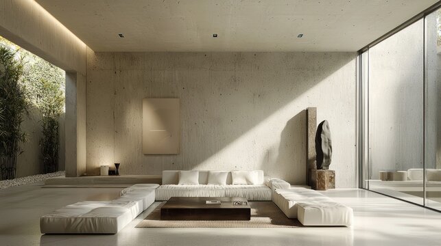 Fototapeta Serene concrete residence interior architecture natural lighting modern minimalist neutral tones living room space nature aesthetic plant life