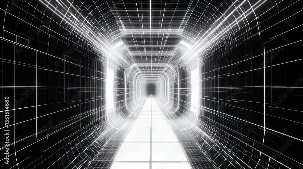 Poster futuristic tunnel with glowing grid lines and perspective view