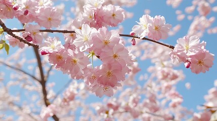Beautiful cherry blossoms in full bloom against a clear sky