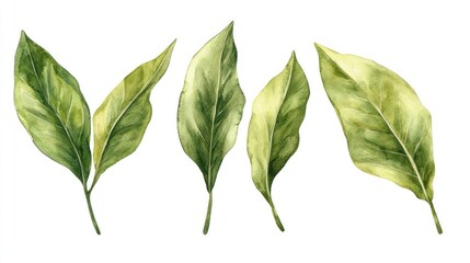 Four detailed green leaves showcasing natural variations