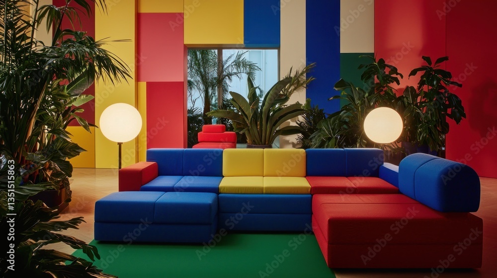 Poster bold design modern multi colored sectional sofa in an interior setting with colorful background