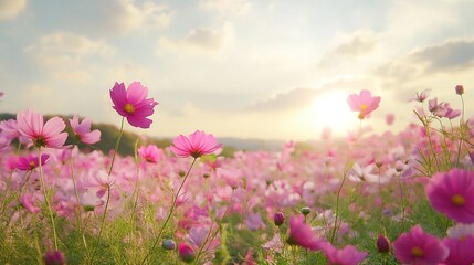 Obraz premium A breathtaking view of a beautiful cosmos flower field, with vibrant blooms stretching as far as the eye can see. 