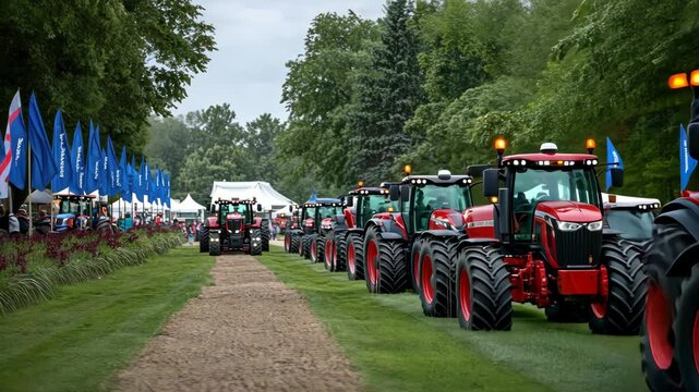 An agricultural event unfolds with tractors showcased on a grassy path, flanked by flags and spectators engaging with farming technology