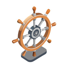 Obraz premium Isometric wooden ship steering wheel icon