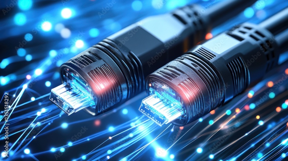 Poster close-up of ethernet cables transmitting digital data flow