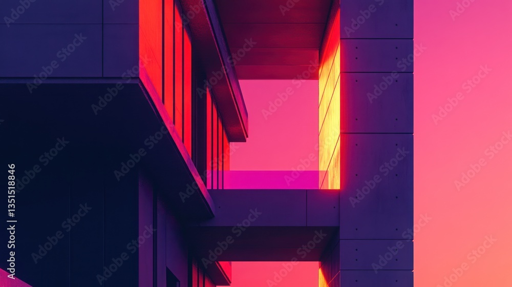 Poster modern architectural structure with vibrant sunset hues and angular design elements