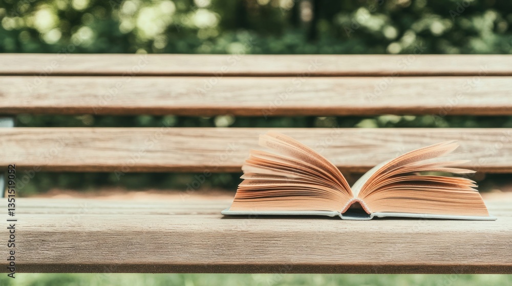 Poster a serene atmosphere is captured with an open book resting on a rustic wooden bench amidst lush green