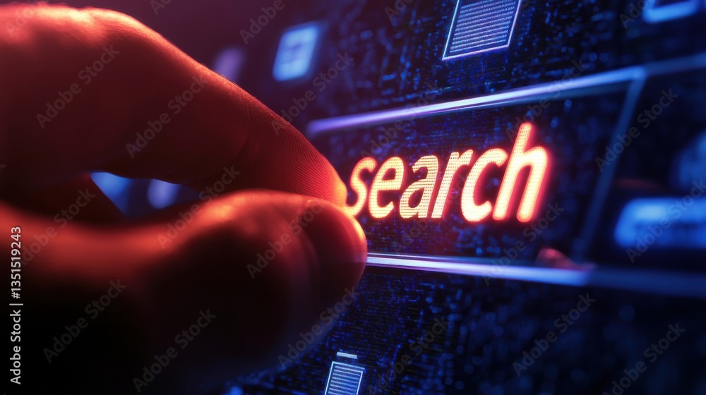 Poster user interacts with digital search interface displaying bright text on dark screen in modern technol
