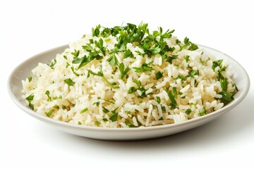 Appetizing jasmine rice and vibrant fresh parsley presented on a ceramic plate offering a delectable culinary experience