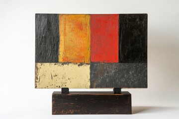 Colorful abstract rectangular painted wooden artwork sitting on a stand