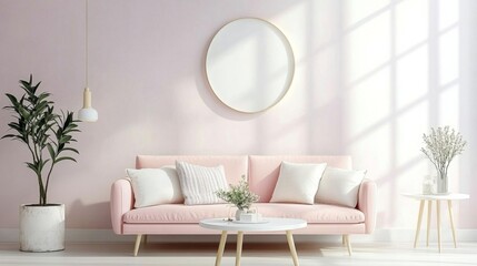 Pink Living Room Interior Design Oval Frame, Pastel Sofa, Minimalist Composition, 3D Render, Home Decor Home Decor, Interior Design