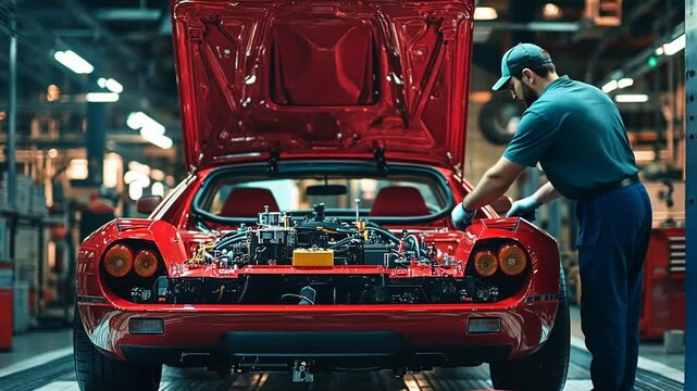 Automotive precision: Expert mechanic meticulously assembling a high performance engine
