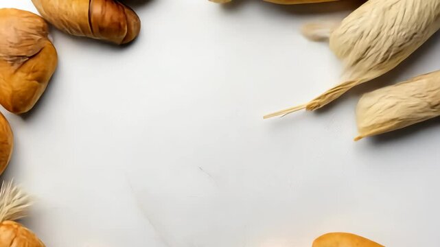 Various types of artisan bread arranged on a light surface with wheat stalks in a bakery setting during the day