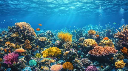 Handdoek met foto Vibrant coral reef teeming with fish. Sunlight streams through the water © ranary
