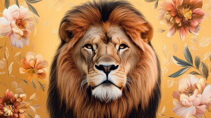 Majestic Lion Portrait Floral Background, Digital Painting, Close-up Composition, Pride, King Lion, Digital Art