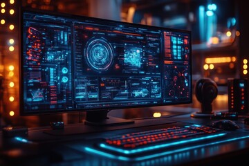 Futuristic computer displaying data interface on screen in dark room with glowing lights
