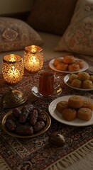 Fototapeta premium Iftar table with dates, tea, and Middle Eastern sweets, set with golden decorations and candles, creating a warm and festive Ramadan ambiance