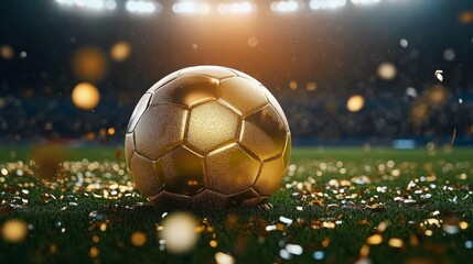 Fototapeta premium Golden Soccer Ball Stadium Night Scene, Confetti, Victory, Soccer, Championship Soccer, Football