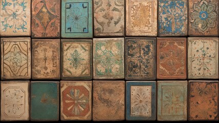 Multicolored Patterned Tiles in a Grid: Aged, Worn Appearance