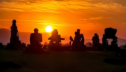 Rock Structures at Sunset Silhouette Against Golden Sky with Mountain Range