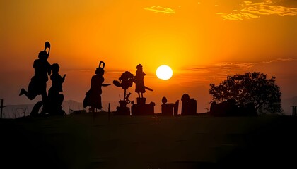 Silhouette Figures Celebrating Sunset in an Open Field Landscape