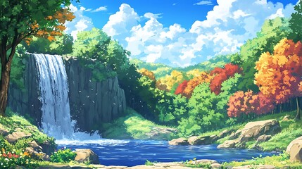 Autumn Waterfall Landscape.