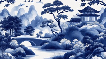 Blue and White Chinese Landscape Pagoda, Bridge, Mountains, Ink Wash Painting, Digital Art, Serene Scenery Keywords Chinoiserie, Blue Willow