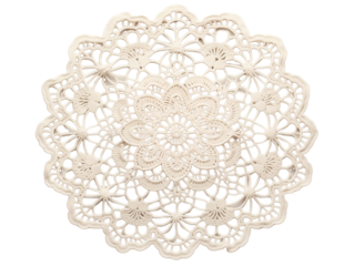 A delicate lace doily with intricate designs, isolated on transparent background