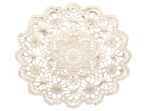A delicate lace doily with intricate designs, isolated on transparent background