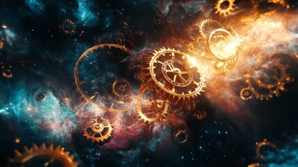 A surreal concept of time travel with clock gears floating in cosmic space