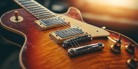 Naklejka premium Close up of an electric guitar with sunburst finish highlighting musical craftsmanship