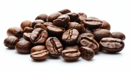 Pile of roasted coffee beans on white background