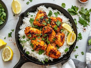 Mouthwatering turmeric chicken thighs on bed of white rice with vibrant lemons and cilantro in rustic pan