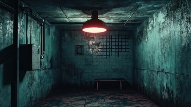 Eerie abandoned room with peeling walls and rusted metal table under a red lamp spooky interior low angle shot - Powered by Adobe