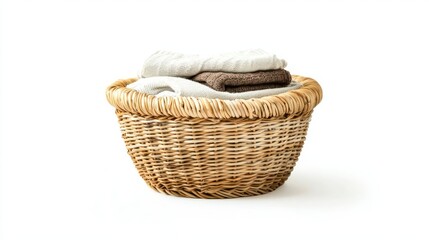 Obraz premium A small wicker laundry basket with folded clothes inside on white.