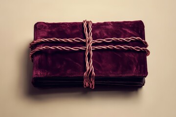 An old burgundy velvet book bound by twisted copper wire, set against a soft beige background