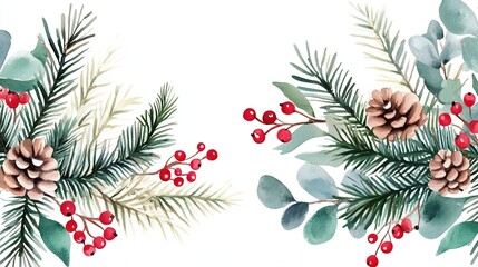 A Christmas watercolor vector flat white banner featuring a floral border with pine branches and berries, isolated on a white background. 