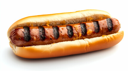 Grilled hot dog with char marks in soft bun. A smoky sausage with distinct grill lines served in a fluffy white bun, isolated on a clean white background.