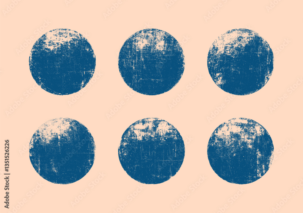 Poster assorted scratched distressed textured blue circles vector graphic isolate design elements. round sh
